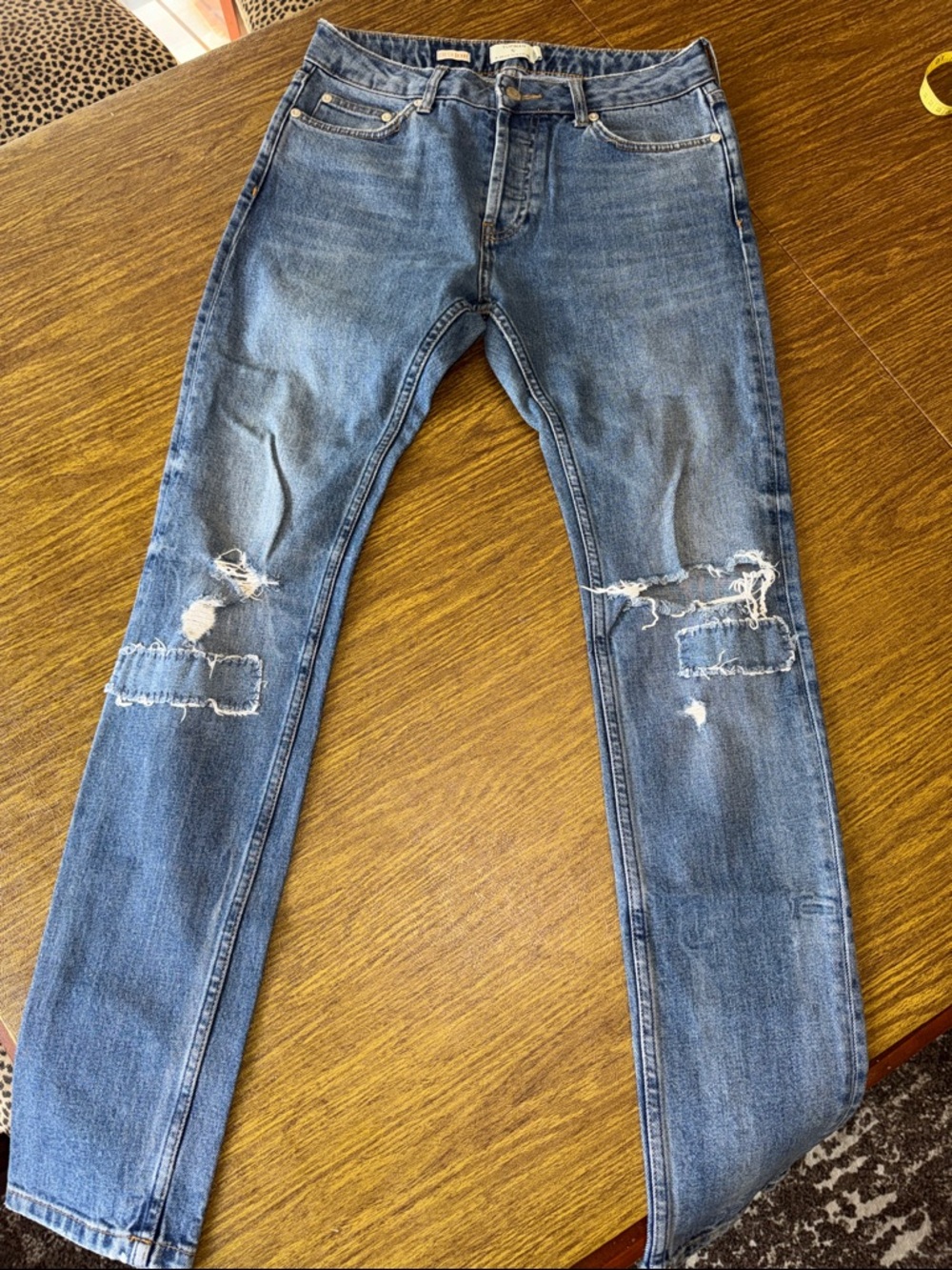 Topman Men’s Distressed Skinny Jeans Ripped Patchwork Blue Denim Waist 30